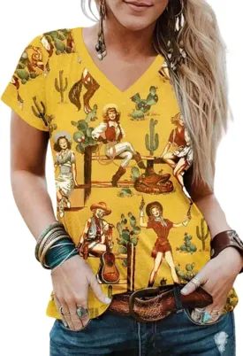 Women's Western Shirt Casual Cactus V-Neck T-Shirt Cowgirl Western Pattern Short Sleeve Loose Ladies Western Tops
