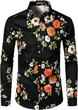 ZEROYAA Men's Floral Slim Fit Long Sleeve Cotton Casual Button Down Dress Shirt
